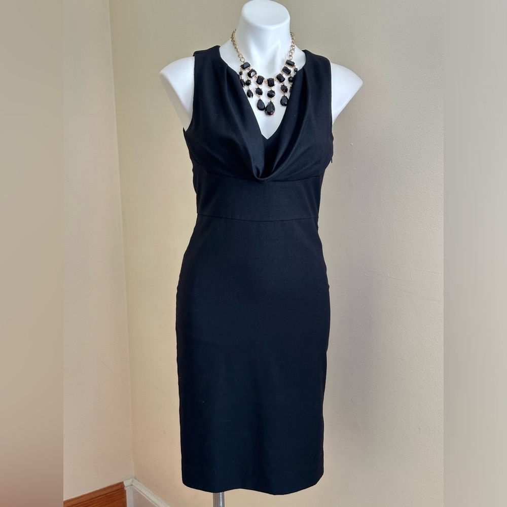J.CREW Black Cowl Neck Sheath Dress 100 % Wool. Key Hole Fabric Button Back Sz 0
